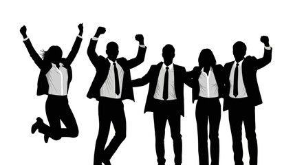 Black silhouettes of a group of businesspeople celebrating with raised arms and fists in a joyful pose against a clean white background.
