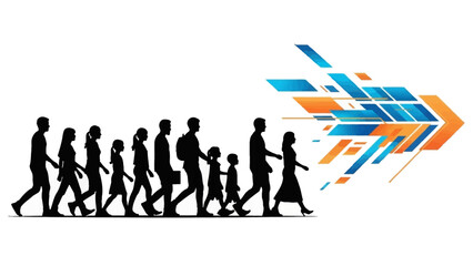Black silhouette of people walking in a business setting with an orange and blue arrow pointing to the right, conveying a sense of progress and teamwork in a modern corporate environment.