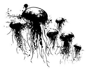 Minimalist ink splatter illustration of jellyfish floating in a group © Wuszu