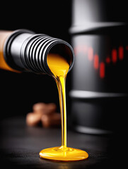 Motor oil pouring from a hose beside an oil barrel with declining candlesticks representing dropping oil prices