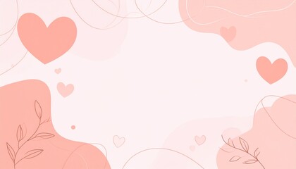 Trendy Pastel Peach Valentine Background with Hearts and Floral Line Art