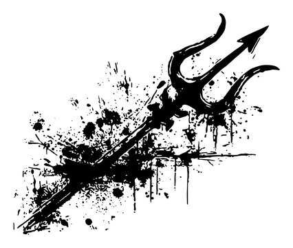 Mythological trident of Poseidon surrounded by messy ink splatters