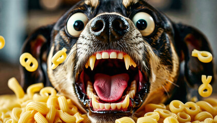 Dog with Exaggerated Features Surrounded by D-Shaped Pasta