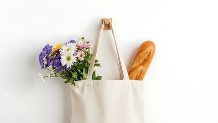 White canvas tote bag mockup with fresh flowers and baguettes hanging on wooden wall hook