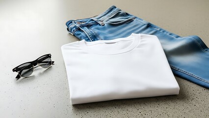 White t-shirt mockup flat lay with blue jeans and sunglasses on neutral stone surface