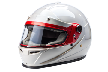 White rally car helmet with red visor and gray interior isolated on a transparent background