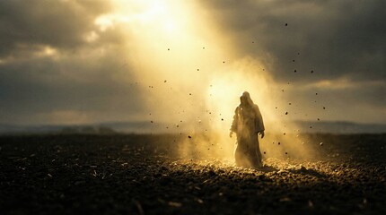 Man in robe standing in dark field with golden light and particles falling from sky. Genesis creation concept for religious or spiritual design.