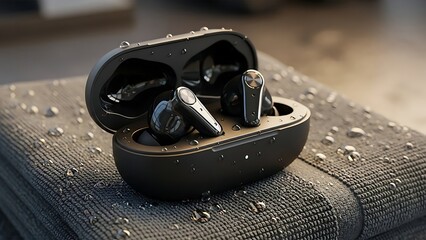 Black wireless earbuds in charging case with water droplets on textured gray surface