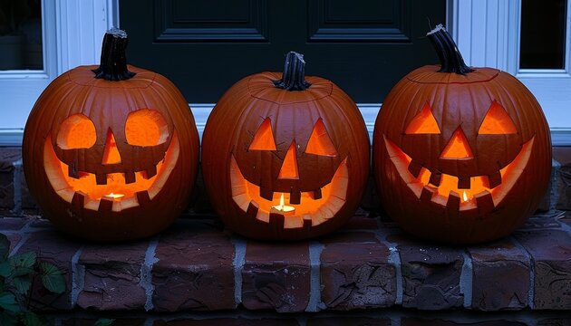 Spooky halloween night featuring glowing jack o  lanterns on the doorstep with atmospheric lighting