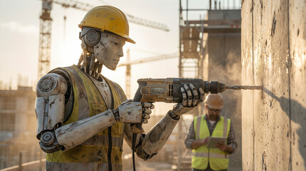 Fototapeta premium Robot construction worker in safety gear operates a power drill on a building site, showcasing advanced technology and the potential impact of AI on employment and labor dynamics