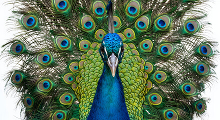 Obraz premium Majestic Peacock Displaying Vibrant Feathers and Intricate Eye-Spot Patterns Against White
