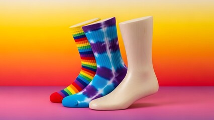 Three mannequin feet showcasing colorful rainbow and tie-dye socks against vibrant gradient background