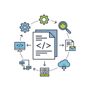 Coding Process with Code and Icons.