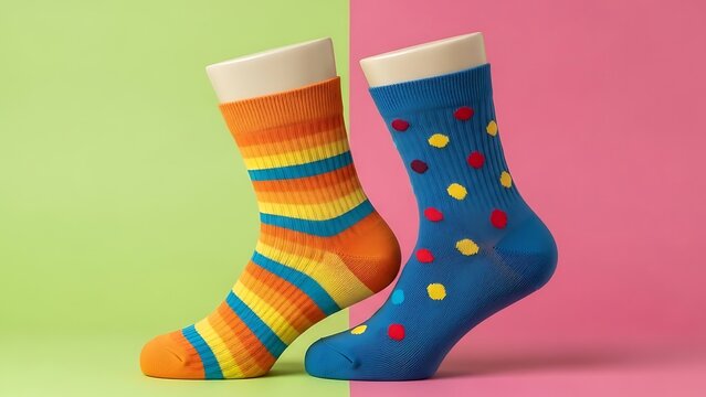 Two mannequin feet showcasing striped orange and polka dot blue socks against vibrant split green and pink background