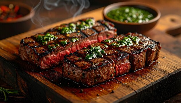 Juicy Grilled Beef Steak with Fresh Chimichurri Sauce on a Wooden Board
