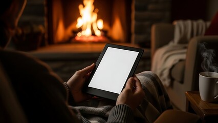 Person holding e-reader with blank white screen in cozy living room by fireplace