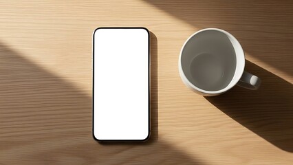 Top view of smartphone with blank white screen next to coffee mug on wooden desk