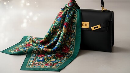 Luxury leather handbag with elegant silk scarf on neutral background