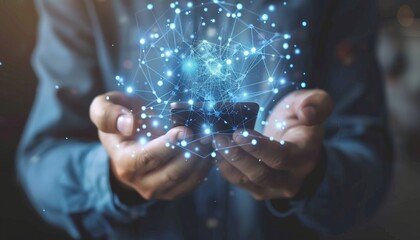 Close up of a person holding a smartphone with a glowing neon ar holographic interface design