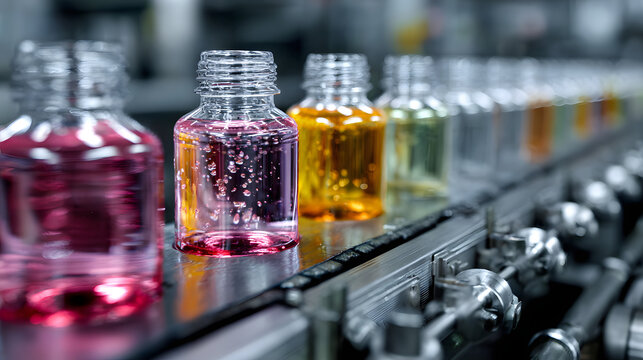 Filling line of plastic bottles, chemical industry, no logos, no brands