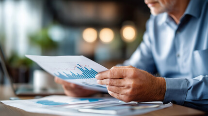 Faceless closeup hands businessman holding graph paperwork meeting conference table business analysis activity financial review moment professional task defocused office