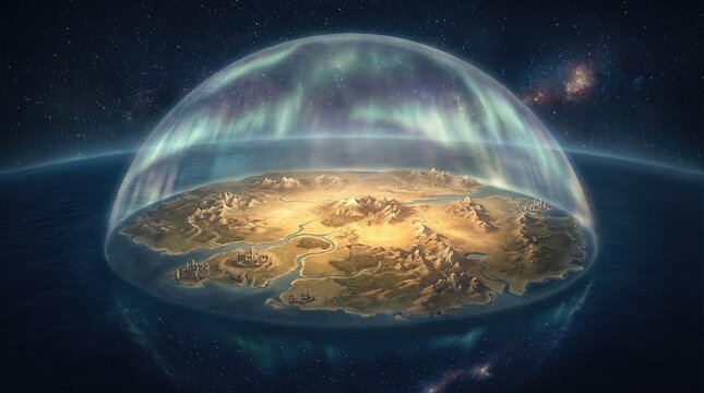 Earth covered by a firmament or dome with aurora borealis, representing the creation of the world in Genesis. Biblical origin story and ancient cosmology concept.