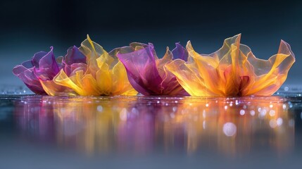 Translucent Floral Art  Orange and Purple Fabric Flowers on Water
