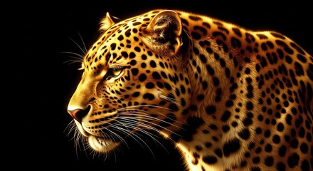 Obraz premium Dramatic side profile portrait of leopard on black background. Close-up of wild cat with golden lighting in the dark.