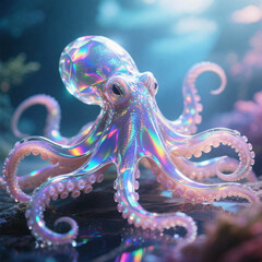 Iridescent glass octopus with holographic surface glowing underwater. Fantasy sea creature with futuristic, magical aesthetic and dreamy lighting.