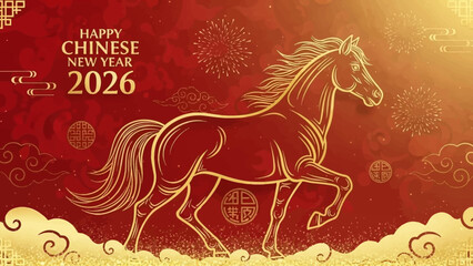 Happy Chinese New Year 2026 Year of the Horse Celebration with Festive Decorations and Fireworks
