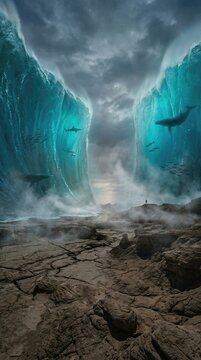 Man on dry seabed with parted sea and marine life. Biblical concept of red sea parting for religious illustration. Powerful divine intervention.