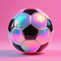 Holographic soccer ball with iridescent surface on pink background. Modern sporty concept with futuristic and vibrant aesthetic.