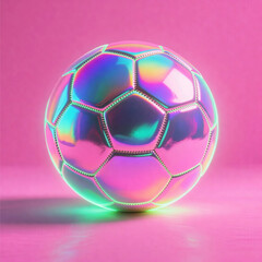 Holographic soccer ball with iridescent surface on pink background. Modern sporty concept with futuristic and vibrant aesthetic.