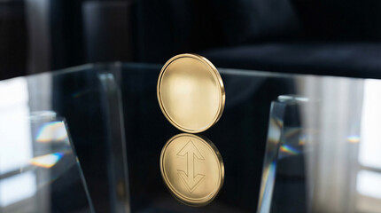 Gold Coin Standing on a Reflective Surface, Its Reflection Showing Business Growth Chart Arrows and Financial Direction