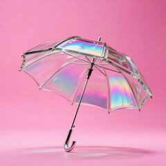 Transparent holographic umbrella with iridescent reflections on pink background. Minimal modern object with futuristic fashion aesthetic.