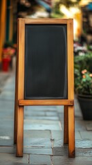 Empty white A-frame chalkbard sign on a rustic woode pedestal, standing alone n a blurred-out sidewalk, waiting customization withbusiness names or promotioal messages.