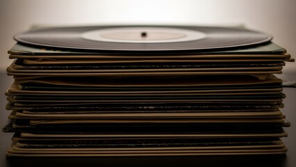 Stacked vinyl records showcase a vintage music collection and nostalgic listening pleasure