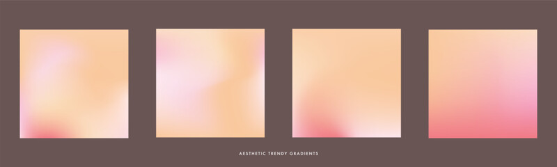   Abstract bright peach and pink gradient background. Yellow, orange and red color gradients. Set of 4 square vector aura poster. Fuzz and soft bg for banner, social media, beauty and wedding design