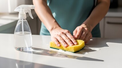 Woman meticulously cleaning a bright kitchen counter with a yellow sponge and spray bottle