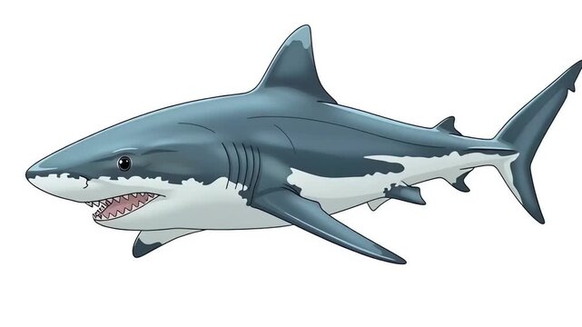 Clean minimalist motion graphic of a shark illustration centered on a pure white background
