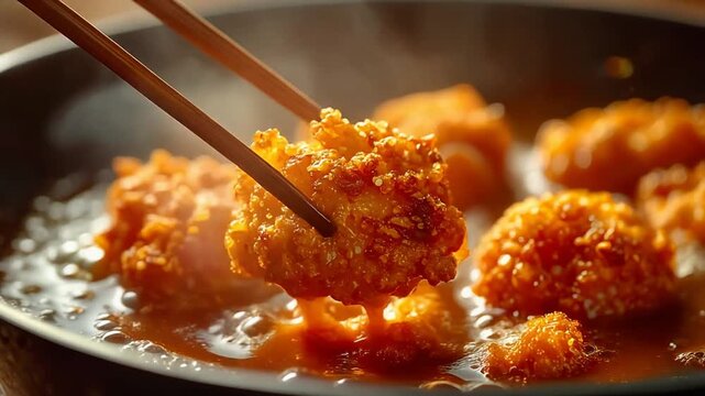 油の中で揚げられる衣付き食材が音と動きを感じさせる調理の瞬間