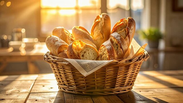 焼き立てのパンが籠に盛られ朝の光と温もりを感じさせる