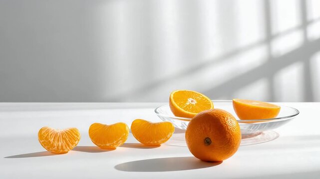 白い皿に置かれたみかんと房が影を落とし立体感を生む爽やかな構図