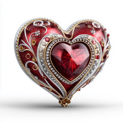 A luxurious heart-shaped pendant featuring faceted deep-red gemstone encased in silver filigree and accented with pav&eacute;-set crystals.