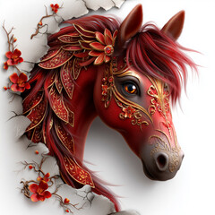 A deep-red Chinese horse adorned with gold regalia standing amidst blossoming plum branches on white background.