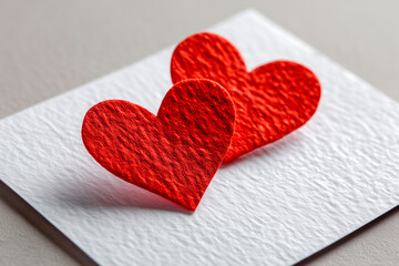 Two small, red hearts made of textured paper are positioned closely together on a white, textured cardstock background.