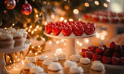 Festive holiday table displaying various desserts like cupcakes and heart-shaped chocolates, with warm bokeh lights creating a cozy atmosphere