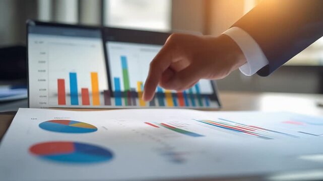 指差しでグラフを示し議論や分析が進むビジネス会議の一場面