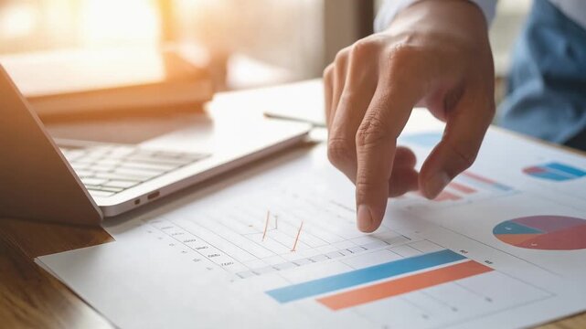書類上の数値を指で確認する様子が慎重な業務姿勢を表す