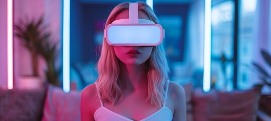User immersed in futuristic 3d environment with virtual reality headset and blue neon lights